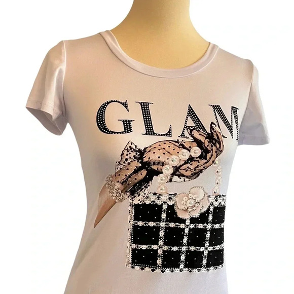 Glam Bling Bling Studded Top Short Sleeve White - Picture 4 of 7